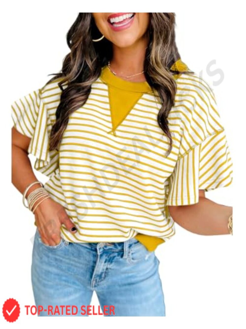 Women's Striped Ruffle Sleeve Loose Fit Casual Summer Blouse Top